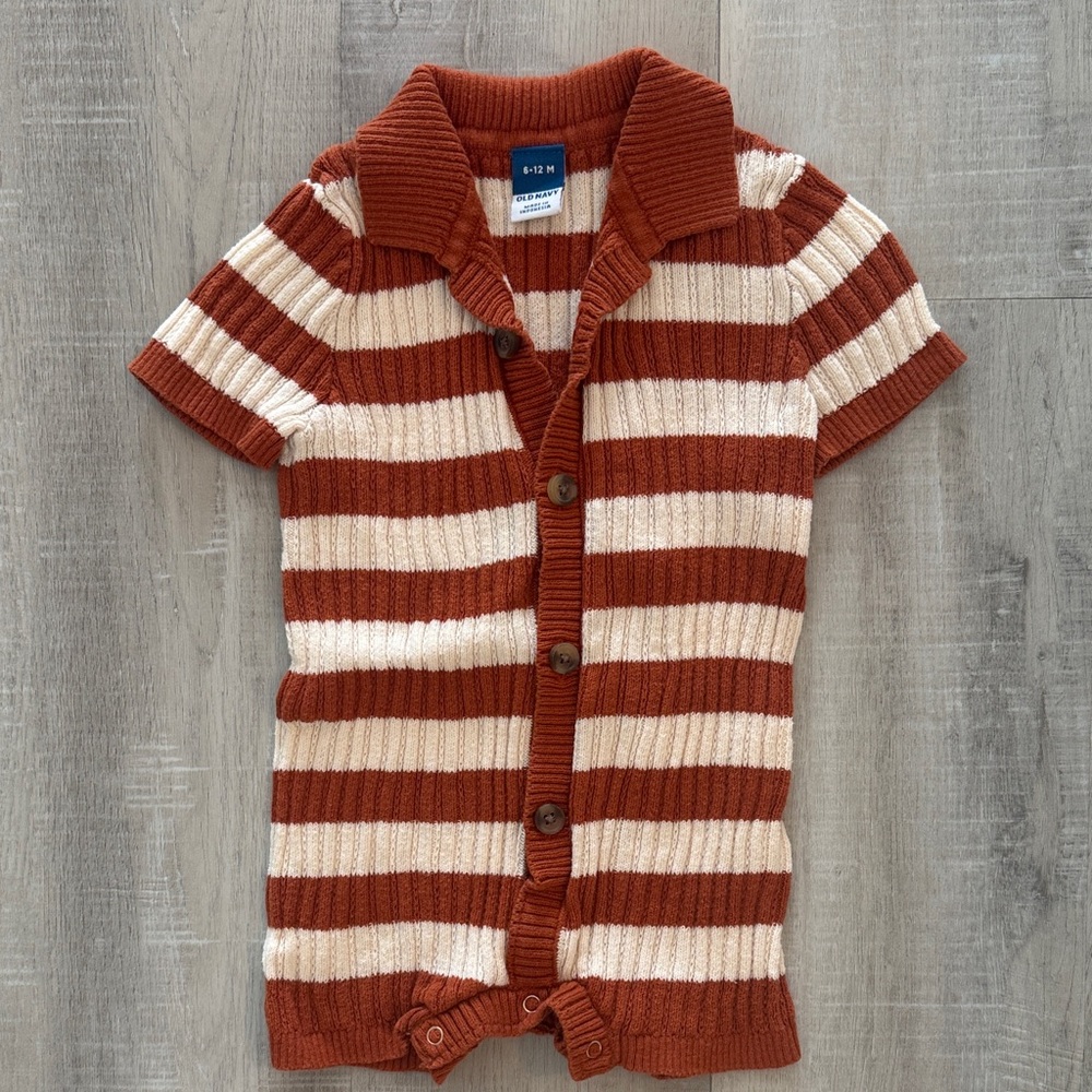 Striped Ribbed Knit Button Romper - Rust & Cream